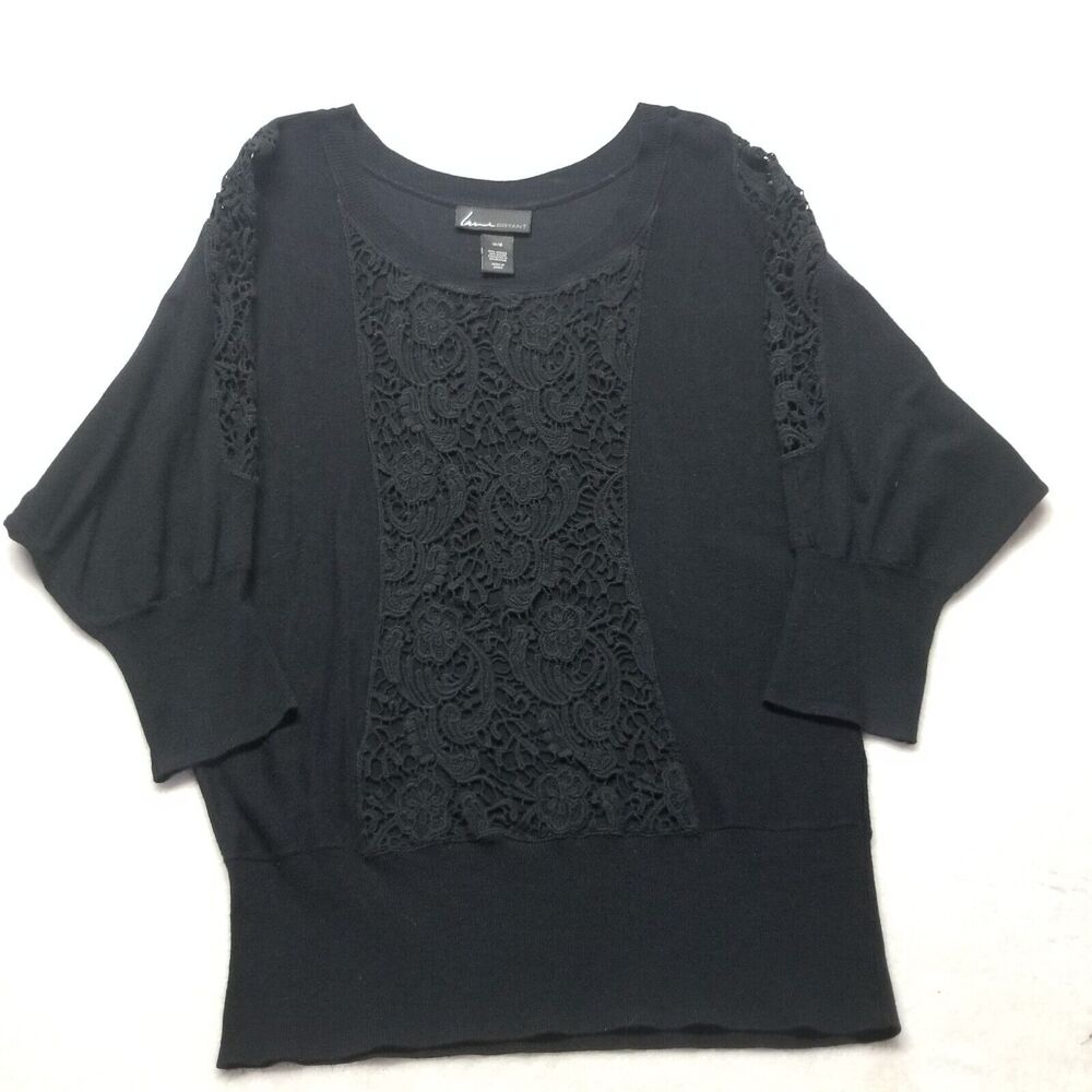 Lane Bryant 14/16 Knit Top Black Lace Panels Whimsigoth Witchy Gothic Western